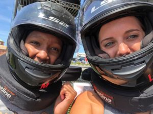 Skyy and Denise wearing Go Kart Helmets