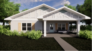 A digital rendering of the 3D-printed home, which includes a covered front porch, a kitchen island, a laundry room and smart home sensors designed to increase sustainability. Photo provided by Alquist.