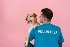 Volunteer holding dog