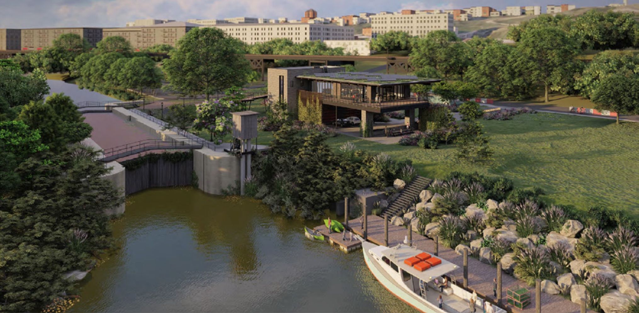 A view of the James River and Great Shiplock Park from above