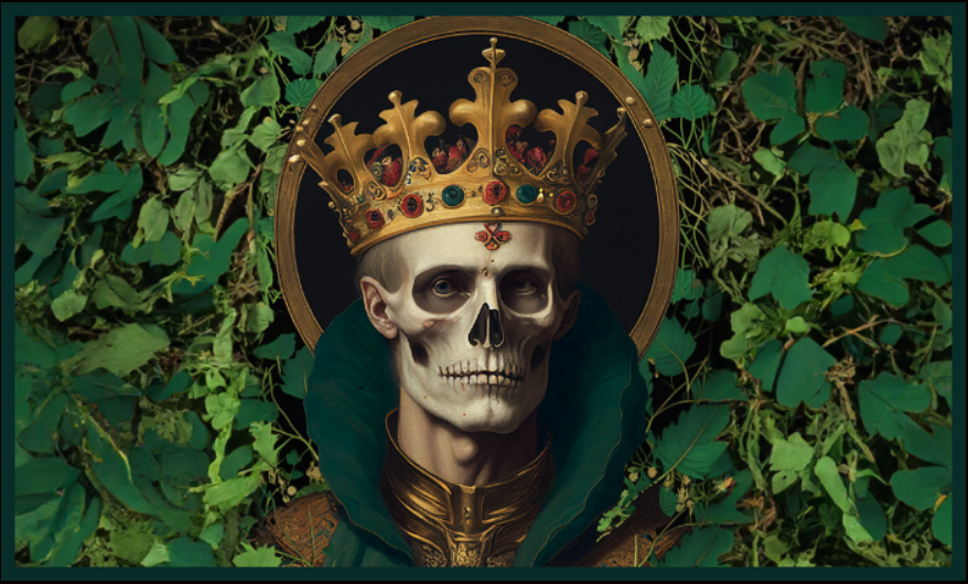 HAMLET poster featuring skeleton man with crown