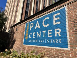 The Pace Center logo painted on its building.