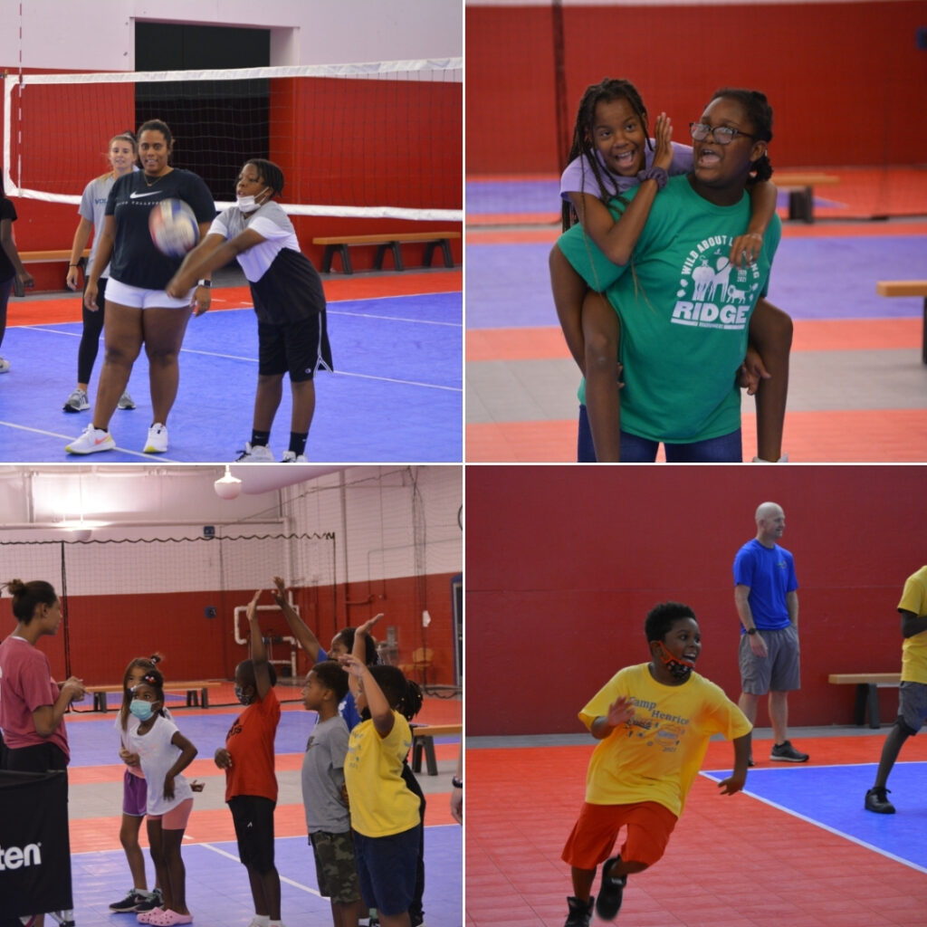 collage of young children playing at a volleyball camp