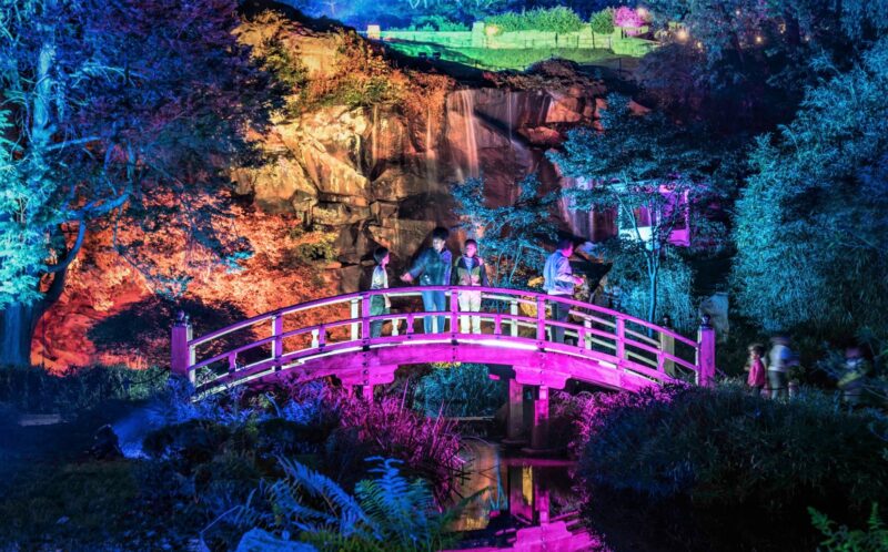 People on top of a colorfully lit bridge at Maymont